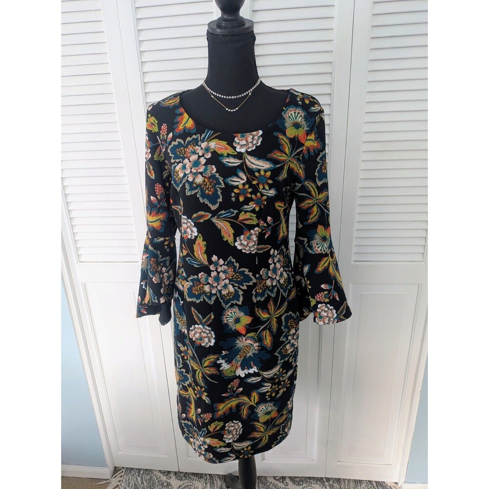 Anna Sui x I.N.C. Black Multi Floral Dress Womens M Bell Sleeve Cottagecore Chic